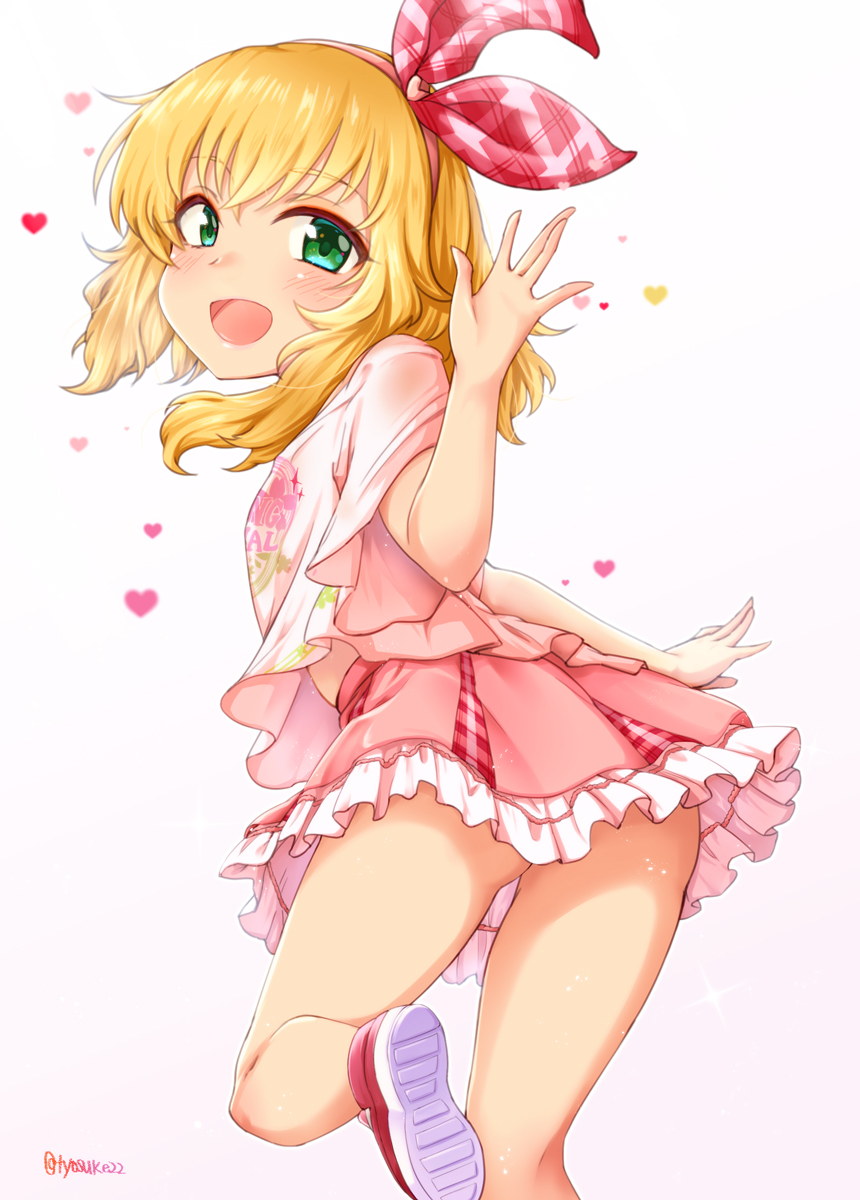 1girl ass bangs blonde_hair blush chiyosuke_(nosuke21) frills from_behind green_eyes hairband heart highres idolmaster idolmaster_cinderella_girls idolmaster_cinderella_girls_starlight_stage looking_at_viewer looking_back miniskirt open_mouth pink_shirt pink_skirt sakurai_momoka shirt short_hair skirt smile thighs waving