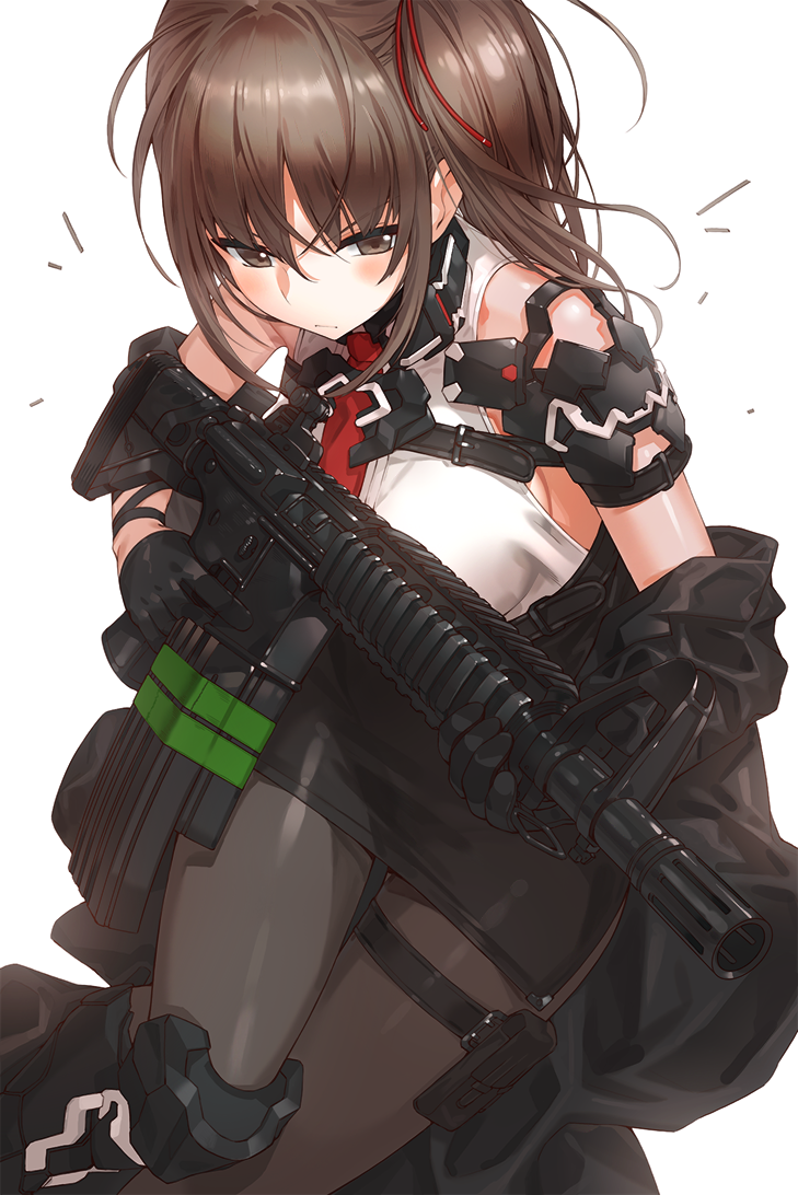 1girl black_legwear breasts brown_eyes brown_hair closed_mouth gloves gun holster jacket kfr knee_pads long_hair looking_at_viewer medium_breasts military off_shoulder open_clothes open_jacket original pantyhose side_ponytail skirt solo thigh_holster weapon white_background