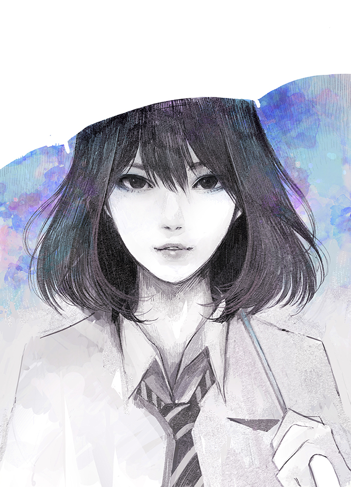 1girl black_eyes black_hair bob_cut commentary_request hand_up holding lips looking_at_viewer necktie parted_lips school_uniform smile solo traditional_media umbrella upper_body wataboku wing_collar