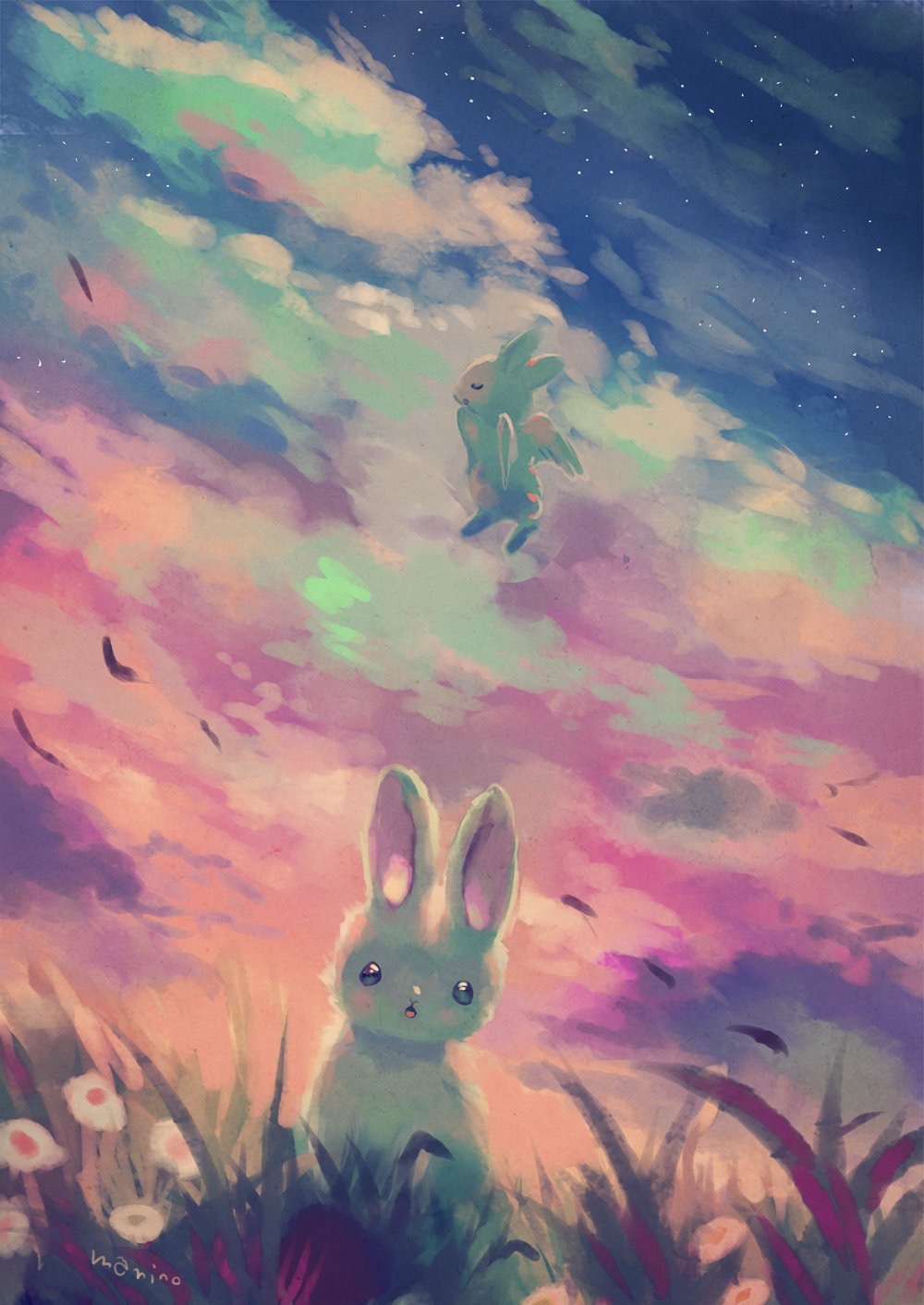 :o closed_eyes clouds cloudy_sky commentary_request flying grass highres manino_(mofuritaionaka) night night_sky original outdoors parted_lips rabbit scenery signature sky star_(sky) starry_sky u_u wings