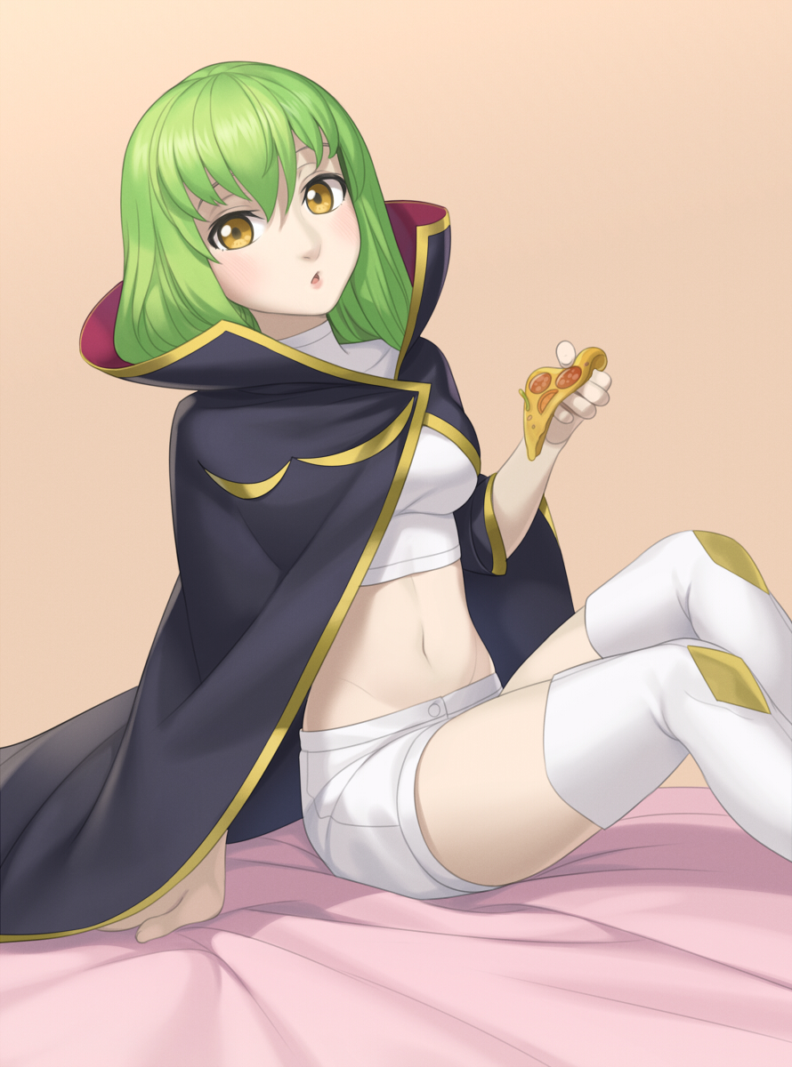 1girl :o bangs blush boots breasts c.c. cape code_geass cristalavi crop_top green_hair highres holding_pizza long_hair looking_at_viewer medium_breasts midriff navel shirt shorts sitting solo thigh-highs thigh_boots white_footwear white_shirt white_shorts yellow_eyes