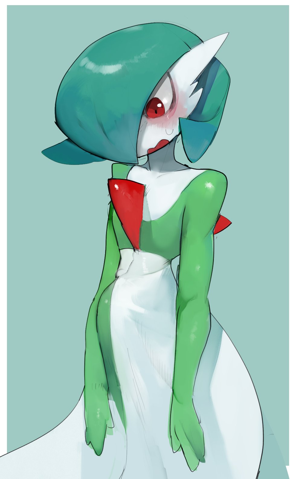 1girl blush dress gardevoir gen_3_pokemon green_hair hair_over_one_eye heart highres no_humans open_mouth pokemon pokemon_(creature) raichiyo red_eyes short_hair simple_background solo