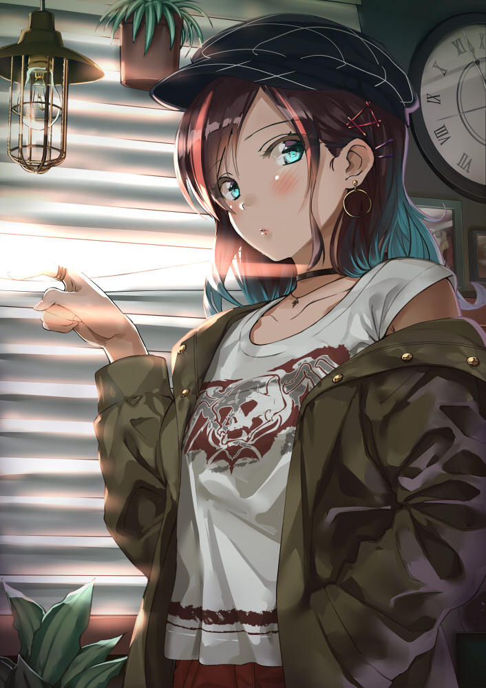 1girl blinds blue_eyes blush cabbie_hat clock earrings hair_ornament hairclip hand_in_pocket hat indoors jacket jewelry kinugasa_yuuichi long_hair off_shoulder original plant potted_plant redhead ring solo