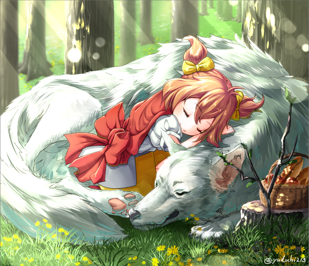 1girl arc_the_lad blush bow character_request choko_(arc_the_lad) commentary_request dress forest hair_ribbon outdoors redhead ribbon short_hair short_twintails skirt sleeping tree twintails wolf yuduki_(tt-yuduki)