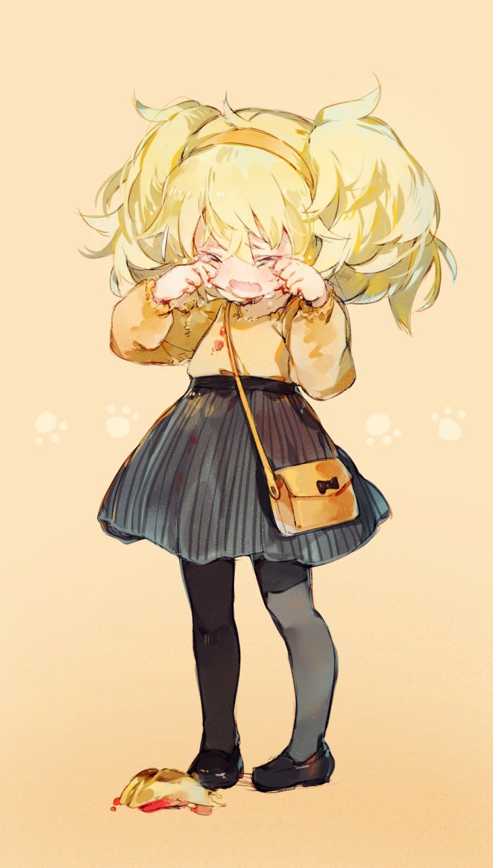 1girl alternate_costume bag bangs black_footwear blonde_hair blouse blush child crying eyebrows_visible_through_hair food girls_frontline grey_legwear hair_between_eyes hairband highres loafers long_hair messy_hair open_mouth orange_blouse orange_hairband pantyhose rubbing_eyes s.a.t.8_(girls_frontline) shoes shoulder_purse shuzi sidelocks simple_background skirt solo striped striped_skirt tears twintails