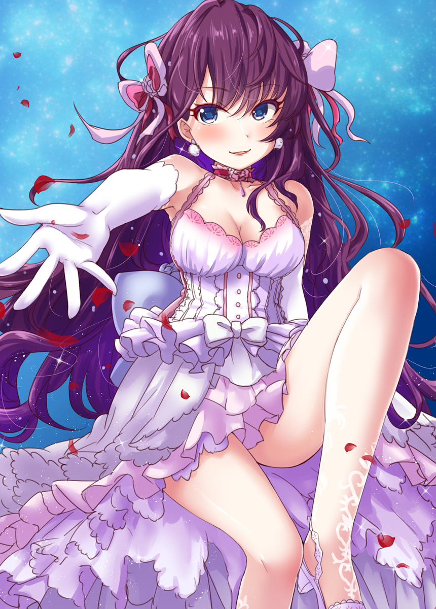 1girl bangs blue_eyes blush bow breasts chiyosuke_(nosuke21) choker cleavage corset dress earrings elbow_gloves eyebrows_visible_through_hair flower gloves hair_bow highres ichinose_shiki idolmaster idolmaster_cinderella_girls idolmaster_cinderella_girls_starlight_stage jewelry layered_dress legs long_hair outstretched_arm parted_lips petals purple_hair red_choker shoes smile solo very_long_hair white_bow white_footwear