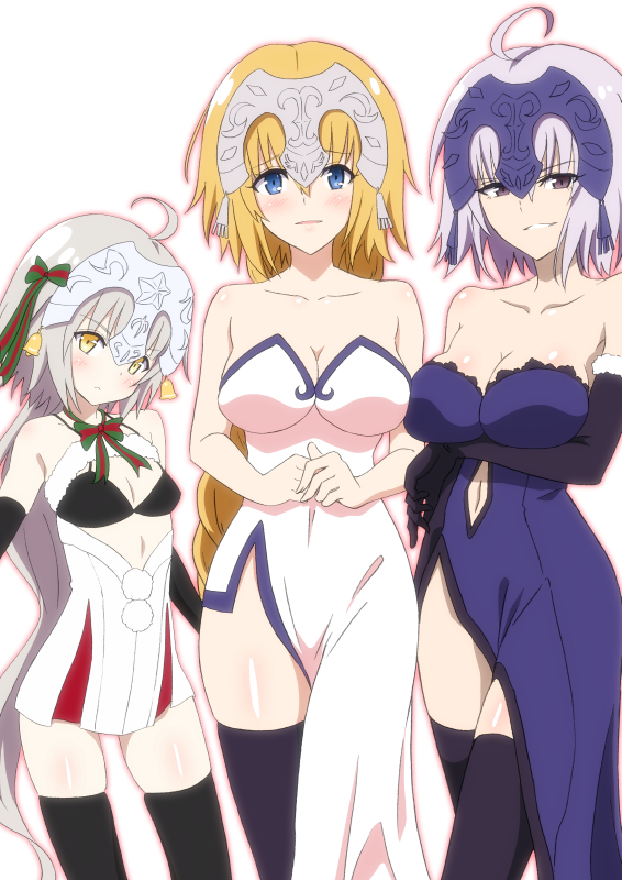 3girls ahoge bare_shoulders bell black_gloves black_legwear blonde_hair blue_dress blue_eyes blush breasts cleavage collarbone commentary_request dress elbow_gloves fate/grand_order fate_(series) gin'you_haru gloves headpiece jeanne_d'arc_(alter)_(fate) jeanne_d'arc_(fate) jeanne_d'arc_(fate)_(all) jeanne_d'arc_alter_santa_lily long_hair looking_at_viewer medium_breasts multiple_girls navel_cutout pom_pom_(clothes) short_hair side_slit silver_hair simple_background small_breasts smile smirk strapless strapless_dress thigh-highs very_long_hair white_background white_dress yellow_eyes