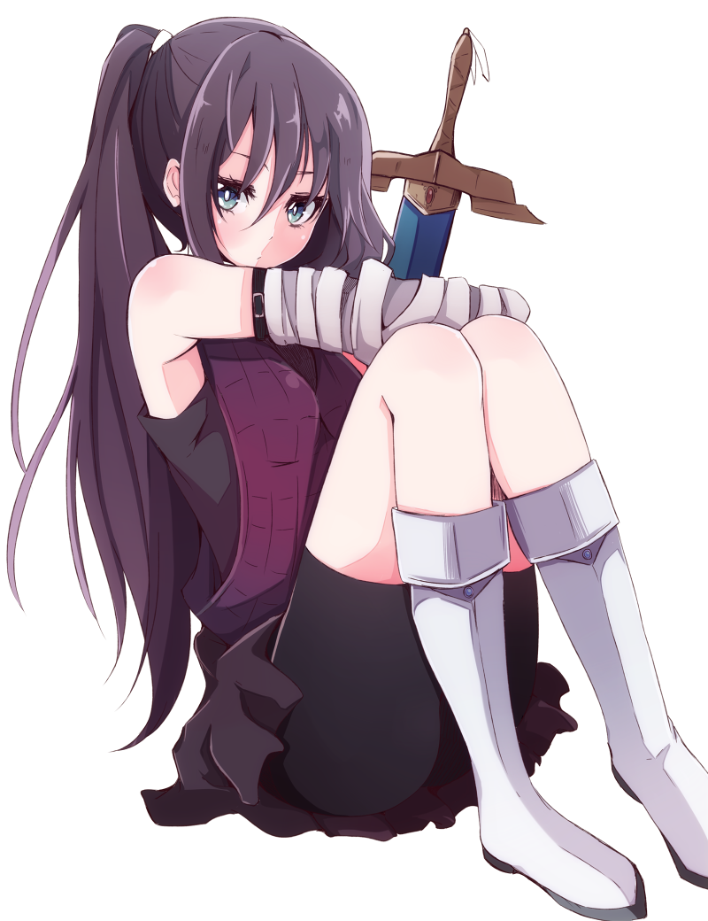 1girl aqua_eyes armpits black_shorts blush boots brown_hair brown_skirt enelis long_hair looking_at_viewer on_ground original pleated_skirt ponytail shorts shorts_under_skirt simple_background sitting skirt sleeveless solo sword weapon white_background white_footwear