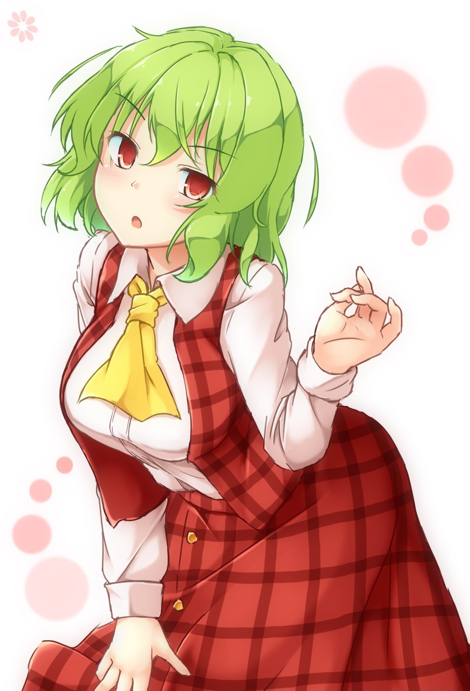 1girl :o aka_tawashi ascot blush breasts circle commentary_request cowboy_shot eyebrows_visible_through_hair green_hair hair_between_eyes hand_up head_tilt highres kazami_yuuka large_breasts leaning_forward long_sleeves looking_at_viewer parted_lips plaid plaid_skirt plaid_vest red_eyes red_skirt red_vest shirt short_hair simple_background skirt solo standing touhou vest white_background white_shirt wing_collar yellow_neckwear