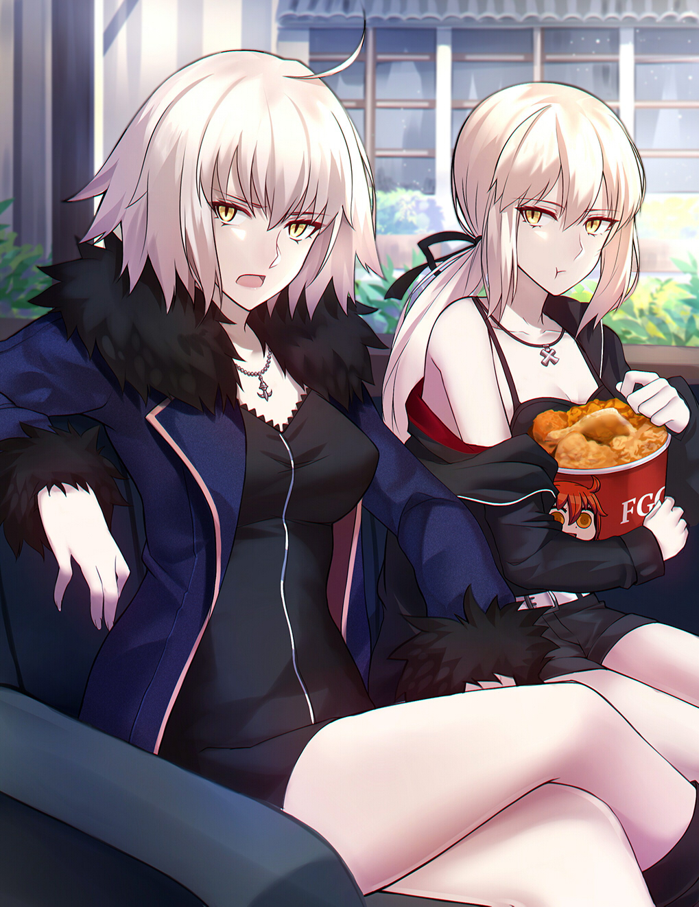 2girls ahoge artoria_pendragon_(all) belt blonde_hair bucket car_interior casual eating fate/grand_order fate_(series) fried_chicken fur_trim highres jacket jeanne_d'arc_(alter)_(fate) jeanne_d'arc_(fate)_(all) jewelry multiple_girls necklace off_shoulder pale_skin ponytail saber_alter shiguru short_hair short_shorts shorts tank_top wicked_dragon_witch_ver._shinjuku_1999 yellow_eyes