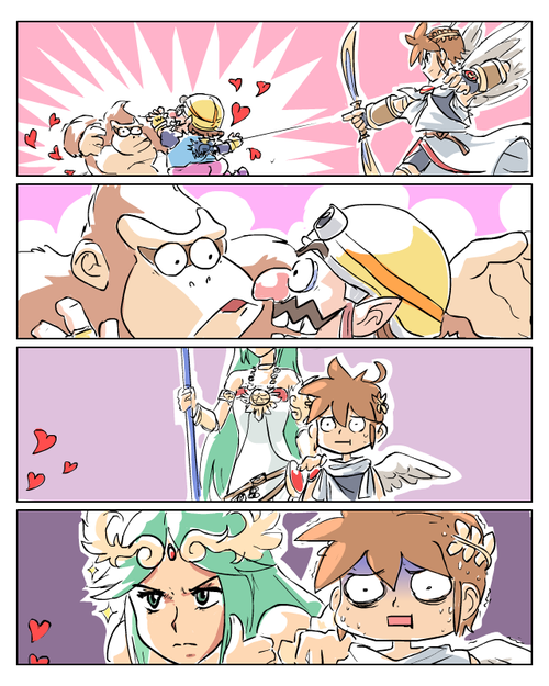 1girl 2boys 4koma angel_wings arrow bare_shoulders bow_(weapon) brown_hair closed_mouth comic constricted_pupils donkey_kong donkey_kong_(series) dress eye_contact facial_hair fujoshi goggles goggles_on_head green_eyes green_hair hand_on_another's_shoulder heart helmet holding holding_bow_(weapon) holding_weapon john_su kid_icarus kid_icarus_uprising long_hair long_sleeves looking_at_another multiple_boys mustache open_mouth palutena pants pit_(kid_icarus) pointy_ears serious short_hair silent_comic sparkle standing strapless strapless_dress super_mario_bros. super_smash_bros. sweat sweating_profusely thumbs_up tiara trembling tunic turn_pale v-shaped_eyebrows very_long_hair vest wario weapon white_wings wide-eyed wings yaoi
