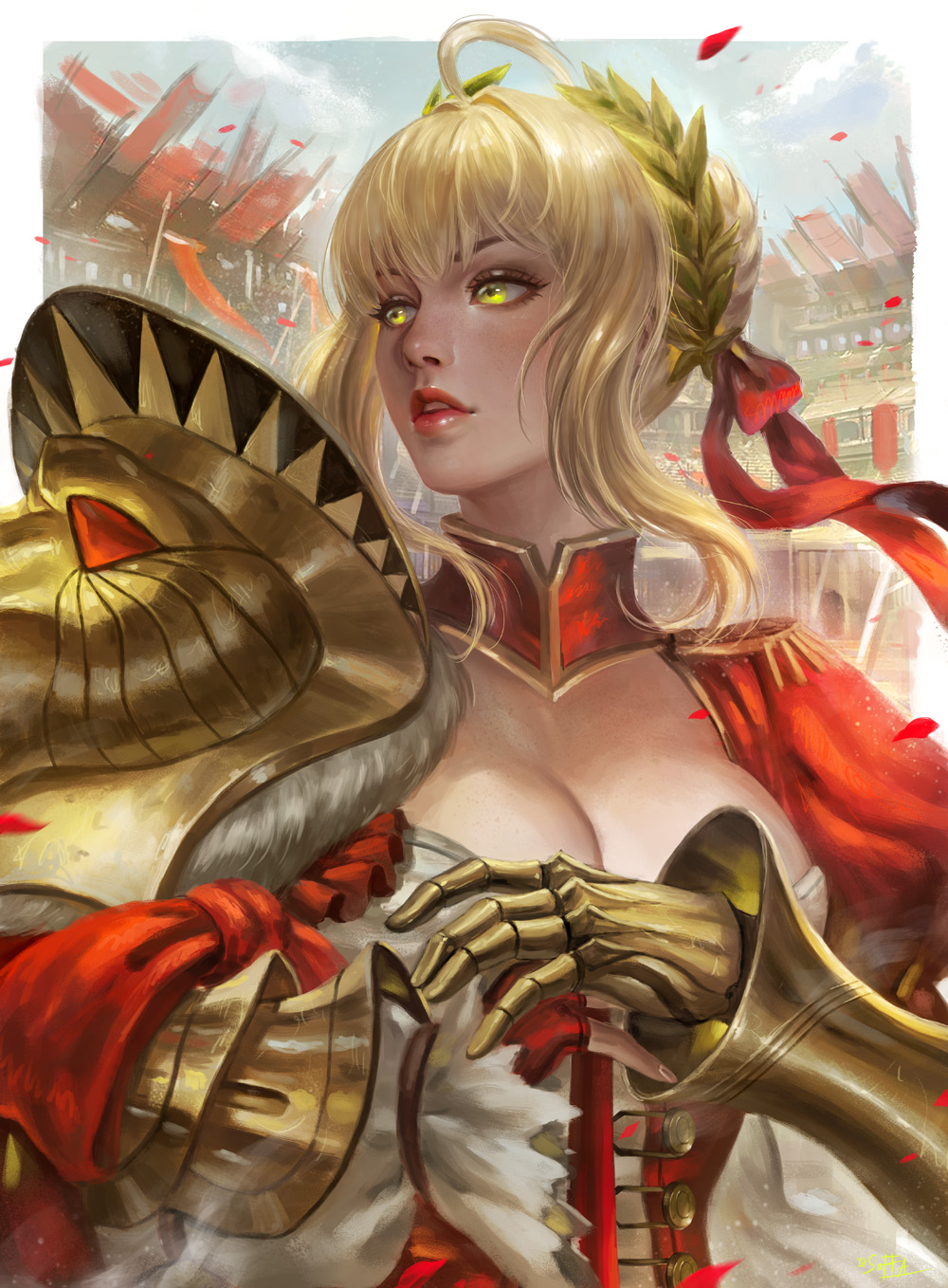 1girl aestus_domus_aurea aestus_estus ahoge bangs blonde_hair breasts cleavage colosseum day dress fate/extra fate_(series) fingerless_gloves gauntlets gloves gold green_eyes hair_bun hair_intakes highres large_breasts laurel_crown lips looking_back looking_to_the_side nero_claudius_(fate) nero_claudius_(fate)_(all) outdoors parted_lips petals red_dress red_gloves red_lips shoulder_armor sidelocks soffa solo stadium upper_body