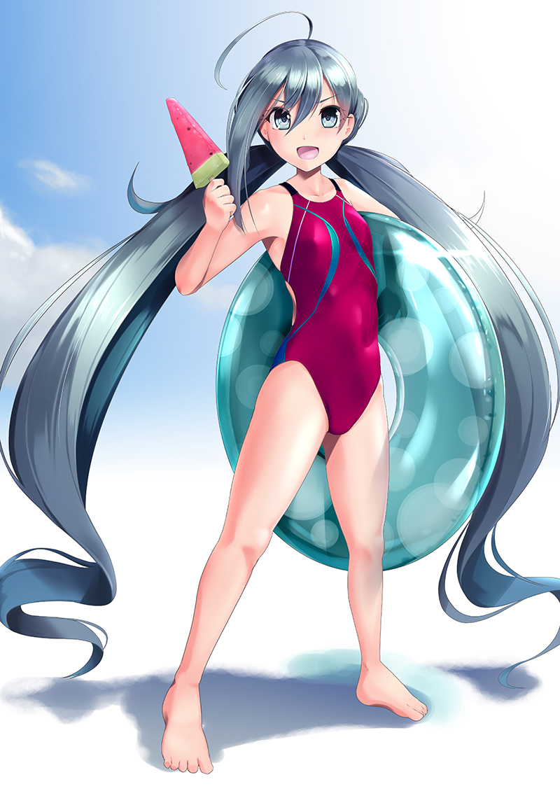 1girl 8000 ahoge barefoot commentary_request competition_swimsuit flat_chest food full_body grey_eyes grey_hair hair_between_eyes innertube kantai_collection kiyoshimo_(kantai_collection) long_hair looking_at_viewer low_twintails one-piece_swimsuit open_mouth popsicle purple_swimsuit smile solo standing swimsuit twintails very_long_hair watermelon_bar