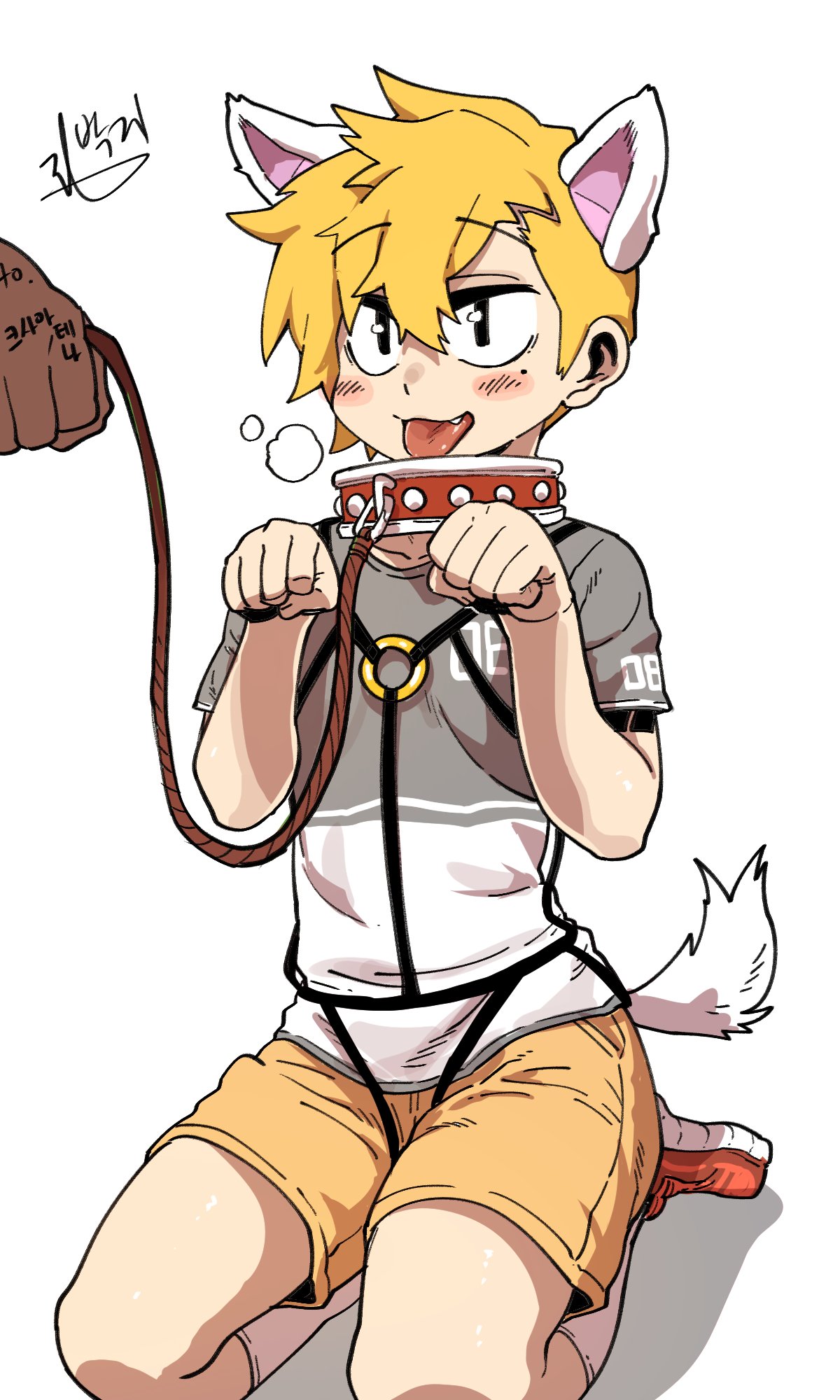 1boy :3 animal_ears black_eyes black_hair blonde_hair blush blush_stickers collar dog_ears dog_tail fang highres jeong_surim leash male_focus parkgee paw_pose pet_play shorts solo_focus suicide_boy tail