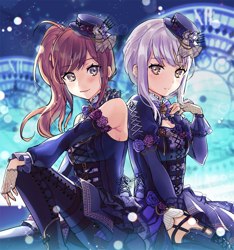 2girls bang_dream! bare_shoulders between_legs blurry blurry_background blush boots breasts brown_eyes brown_hair cleavage closed_mouth commentary depth_of_field detached_sleeves fingerless_gloves fingernails fishnet_gloves fishnets flower gloves hair_ornament hair_scrunchie hand_between_legs hand_up hat imai_lisa juliet_sleeves long_hair long_sleeves looking_at_viewer minato_yukina mini_hat multiple_girls orange_scrunchie parted_lips pink_flower pink_rose pleated_skirt puffy_long_sleeves puffy_sleeves purple_flower purple_footwear purple_hat purple_legwear purple_rose purple_shirt purple_skirt roman_numerals rose scrunchie shirt side_ponytail silver_hair sitting skirt sleeveless sleeveless_shirt small_breasts smile thigh-highs thigh_boots tiny_(tini3030)