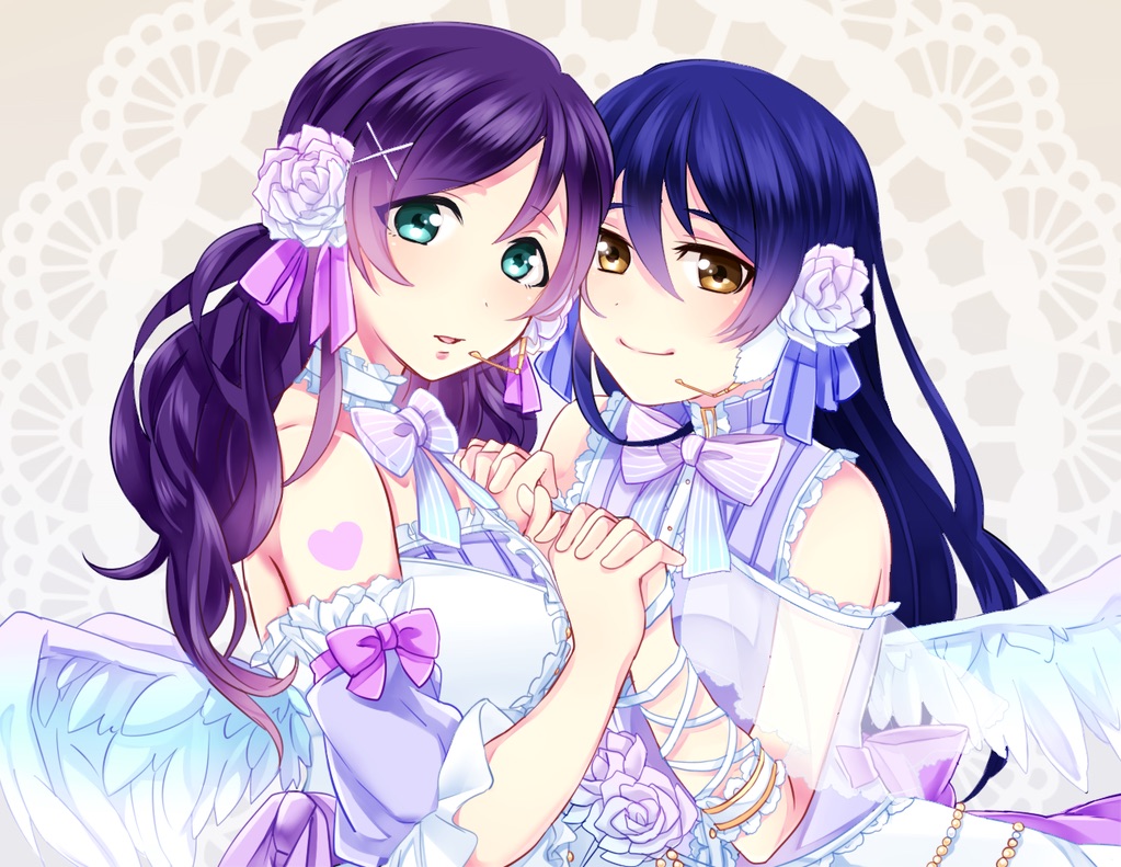 2girls bangs bare_shoulders blue_hair blush closed_mouth commentary_request eyebrows_visible_through_hair flower gesho hair_between_eyes hair_flower hair_ornament hairclip hand_holding interlocked_fingers long_hair looking_at_viewer love_live! love_live!_school_idol_festival love_live!_school_idol_project microphone multiple_girls open_mouth purple_hair smile sonoda_umi toujou_nozomi twintails upper_body wings yellow_eyes