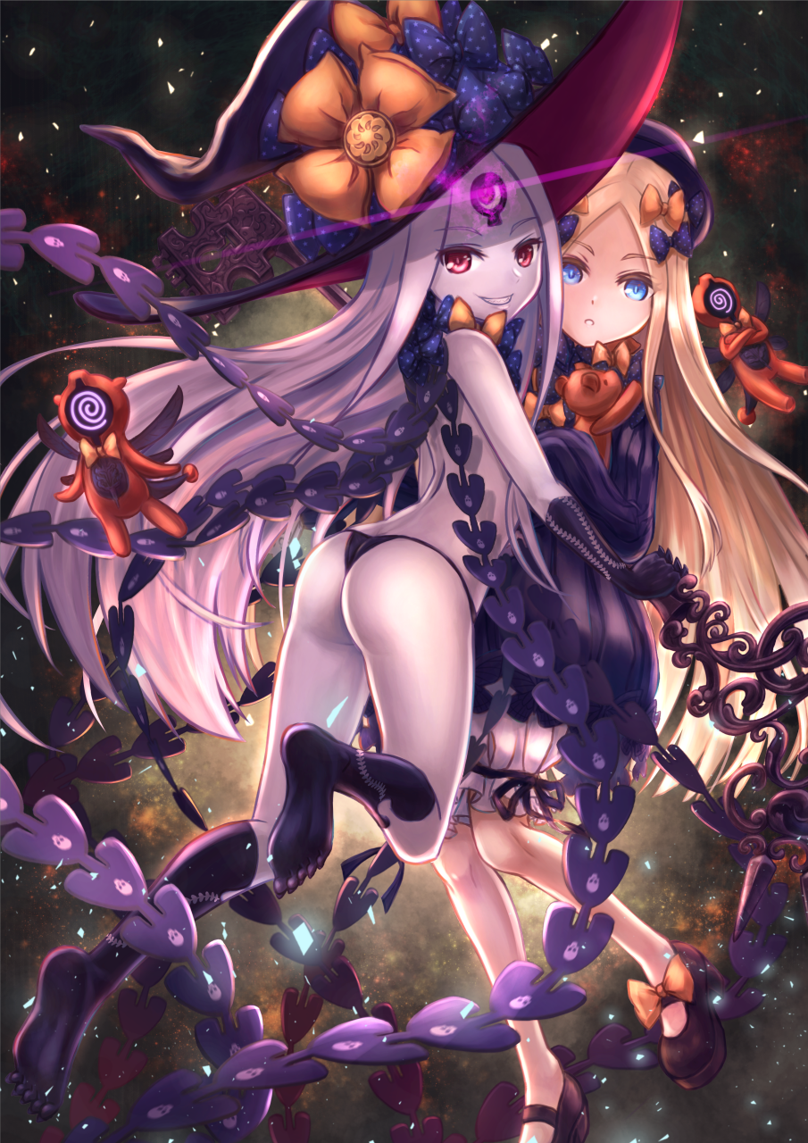 2girls :o abigail_williams_(fate/grand_order) ass bangs black_bow black_dress black_footwear black_gloves black_hat black_legwear black_panties blonde_hair bloomers blue_eyes blush bow bug butterfly commentary_request dress dual_persona elbow_gloves eyebrows_visible_through_hair fate/grand_order fate_(series) forehead gloves glowing grin hair_bow hat hat_bow highres holding holding_key insect key kneehighs long_hair long_sleeves looking_at_viewer looking_back mary_janes multiple_girls object_hug orange_bow oversized_object pale_skin panties parted_bangs parted_lips pixiv_fate/grand_order_contest_2 polka_dot polka_dot_bow red_eyes revealing_clothes sharp_teeth shoes silver_hair skull_print sleeves_past_fingers sleeves_past_wrists smile soles stuffed_animal stuffed_toy teddy_bear teeth thong topless tsukizaki_shizuka underwear very_long_hair white_bloomers witch_hat