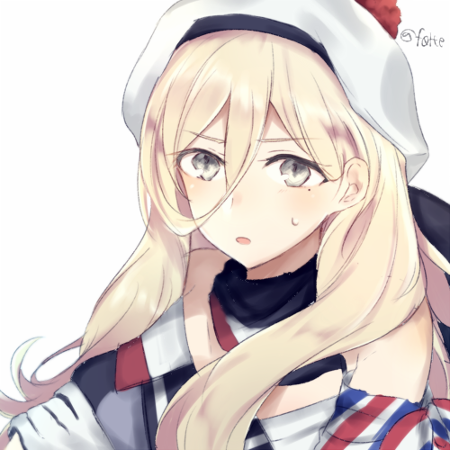 beret blonde_hair eyebrows_visible_through_hair folte grey_eyes hair_between_eyes hat kantai_collection long_hair looking_at_viewer lowres multicolored multicolored_clothes multicolored_scarf open_mouth pom_pom_(clothes) richelieu_(kantai_collection) scarf twitter_username