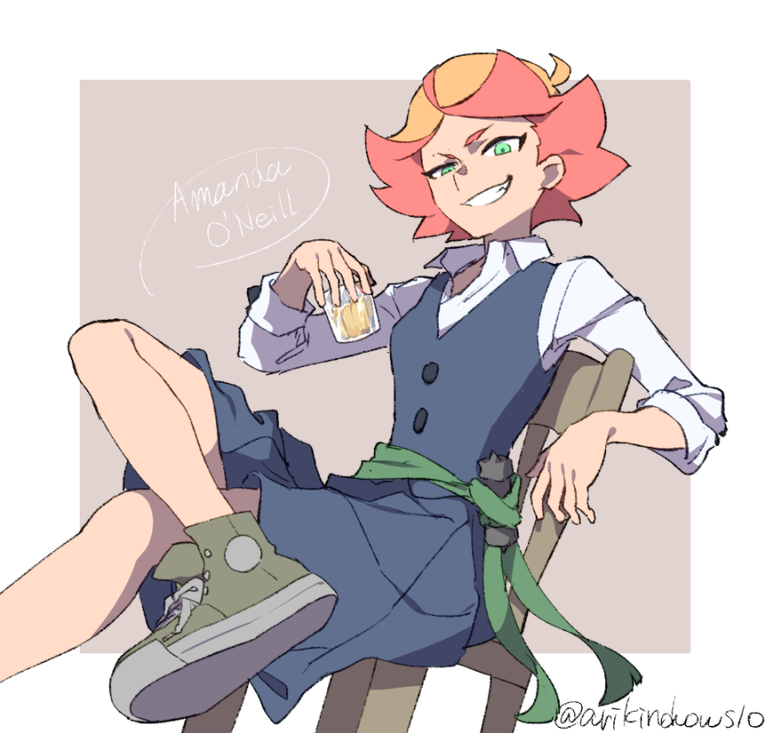 1girl amanda_o'neill arikindows10 artist_name chair character_name collared_shirt crossed_legs cup green_eyes grey_background holding holding_cup little_witch_academia long_sleeves looking_at_viewer luna_nova_school_uniform multicolored_hair open_mouth orange_hair pleated_skirt redhead school_uniform shirt shoes short_hair sitting skirt smug sneakers solo teeth twitter_username two-tone_background two-tone_hair wand white_background white_shirt wooden_chair