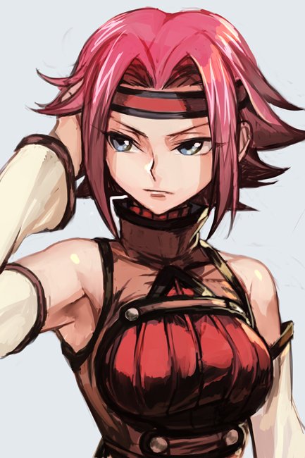 1girl adjusting_hair arm_up armpits bare_shoulders blue_eyes breasts cleavage_cutout closed_mouth code_geass detached_sleeves hankuri headband high_collar kallen_stadtfeld large_breasts looking_to_the_side pink_hair redhead short_hair sleeveless sleeveless_turtleneck turtleneck underbust