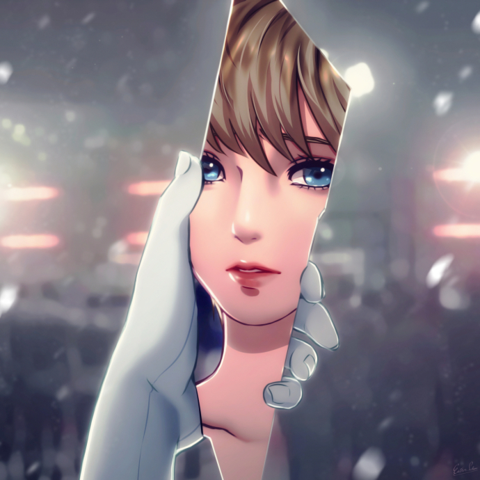 1girl android bangs blue_eyes brown_hair detroit_become_human esther face glass holding kara kara_(ax400) lips looking_at_viewer parted_lips pov red_lips reflection shards short_hair snow snowing solo