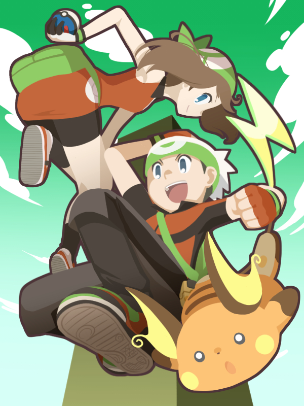 1boy 1girl :d arm_behind_back arm_up bandanna bare_shoulders bike_shorts black_pants black_shorts blue_eyes brown_hair cafe_(chuu_no_ouchi) clenched_hand closed_mouth clouds collared_shirt fanny_pack fingerless_gloves gen_1_pokemon gloves great_ball haruka_(pokemon) hat holding holding_poke_ball leg_up long_hair no_pupils open_mouth orange_footwear orange_gloves orange_shirt pants poke_ball poke_ball_theme pokemon pokemon_(creature) pokemon_(game) pokemon_emerald pokemon_rse raichu shirt shoes shorts sideways_mouth sleeveless sleeveless_shirt smile teeth tongue white_hat yuuki_(pokemon)