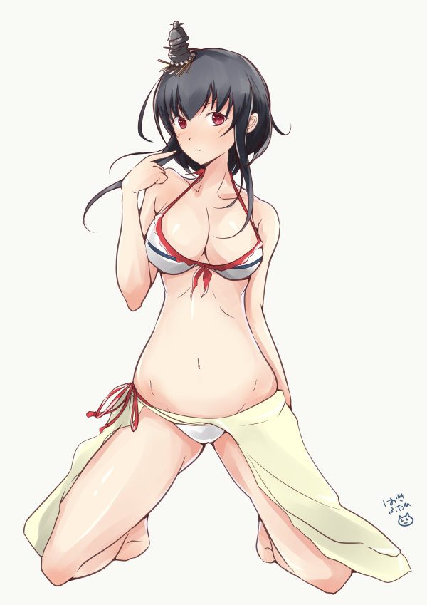 1girl bikini black_hair breasts cleavage collarbone commentary_request hair_ornament hazuki_futahi kantai_collection kneeling large_breasts light_blush navel pointing pointing_at_self red_eyes sarong short_hair side-tie_bikini solo swimsuit white_bikini yamashiro_(kantai_collection)