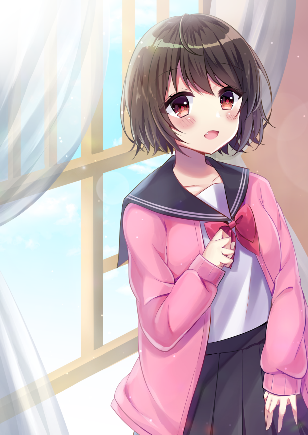 1girl :d bangs black_sailor_collar black_skirt blue_sky blush bow bowtie brown_hair cardigan clouds collarbone commentary_request curtains day eyebrows_visible_through_hair fang hair_between_eyes highres indoors long_sleeves minami_saki open_cardigan open_clothes open_mouth original pink_cardigan pleated_skirt red_eyes red_neckwear sailor_collar school_uniform serafuku shirt skirt sky sleeves_past_wrists smile solo transparent white_shirt window