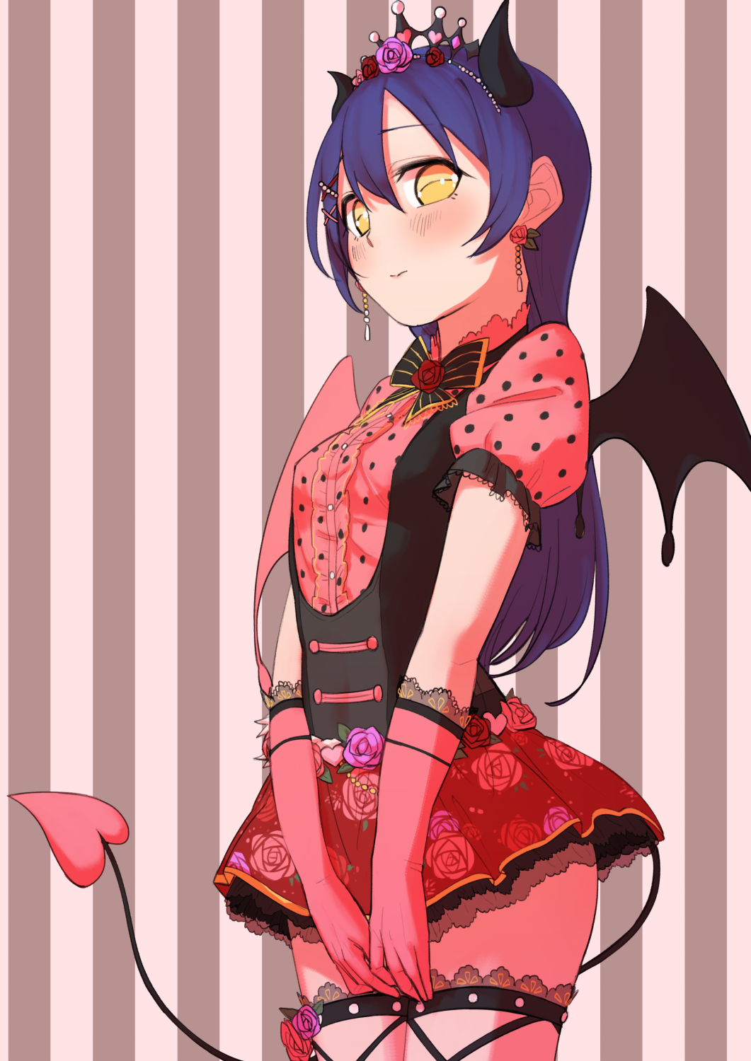 1girl bangs blue_hair commentary_request cowboy_shot cross-laced_legwear demon_horns demon_tail demon_wings earrings flower gloves goe_(g-o-e) hair_between_eyes hair_ornament hairclip heart heart_tail highres horns jewelry long_hair love_live! love_live!_school_idol_festival love_live!_school_idol_project red_gloves smile solo sonoda_umi striped striped_background tail tiara wings yellow_eyes
