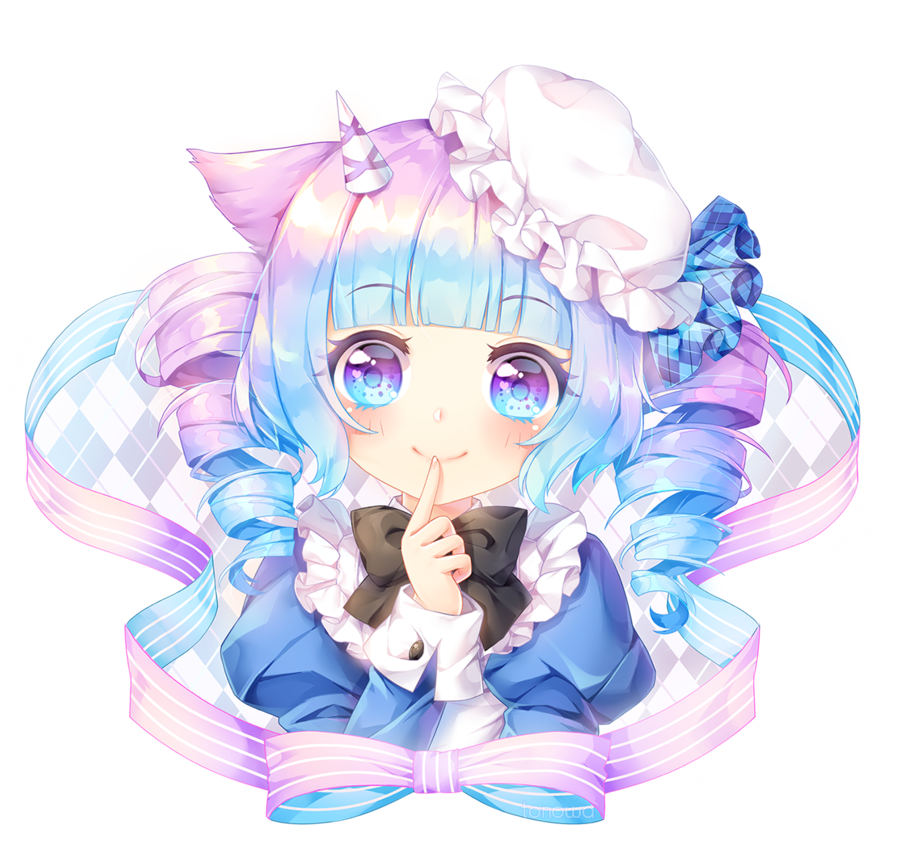 animal_ears bangs blue_eyes blue_hair bow commission drill_hair finger_to_mouth frills gradient_eyes gradient_hair horn maid multicolored multicolored_eyes multicolored_hair original purple_hair shushing tonowa twin_drills twintails upper_body violet_eyes