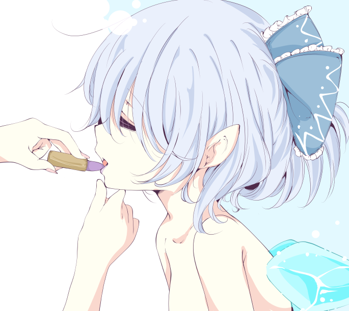 1girl applying_makeup blue_hair bow cirno closed_eyes hair_bow ice ice_wings inasa_orange lipstick lipstick_tube makeup open_mouth pointy_ears profile purple_lipstick short_hair topless touhou wings