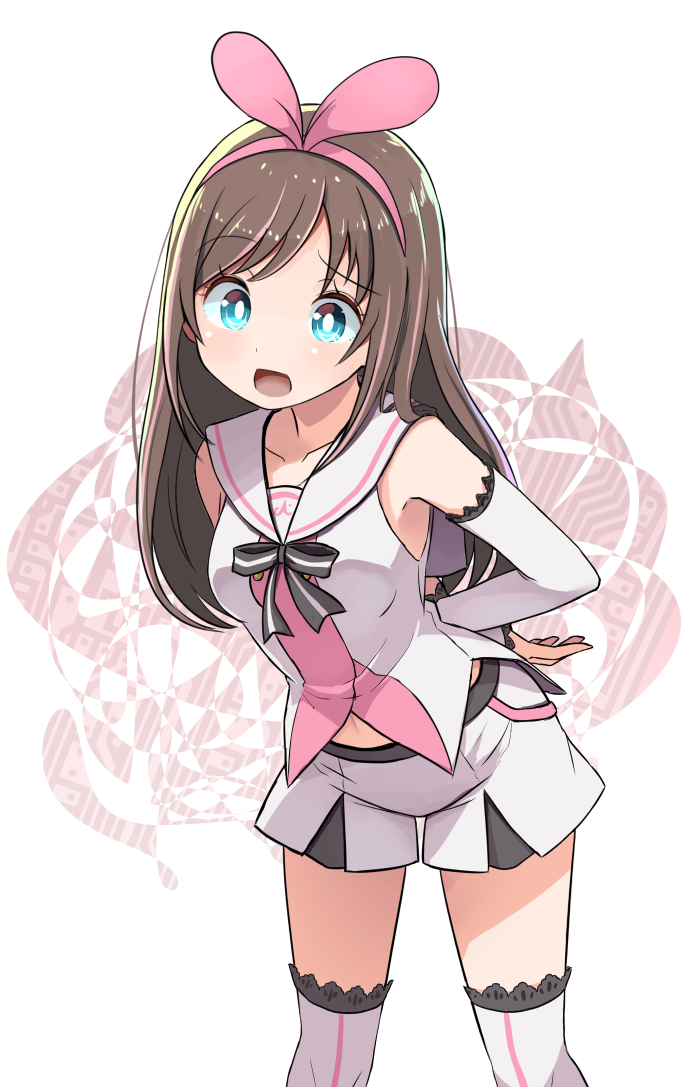 1girl a.i._channel aqua_eyes arms_behind_back bangs brown_hair collarbone detached_sleeves hair_ribbon hairband highlights kizuna_ai lace lace-trimmed_sleeves lace-trimmed_thighhighs leaning_forward long_hair long_sleeves multicolored_hair navel neck_ribbon open_mouth pink_ribbon ribbon sailor_collar shipii_(jigglypuff) short_shorts shorts solo striped_neckwear textless thigh-highs virtual_youtuber