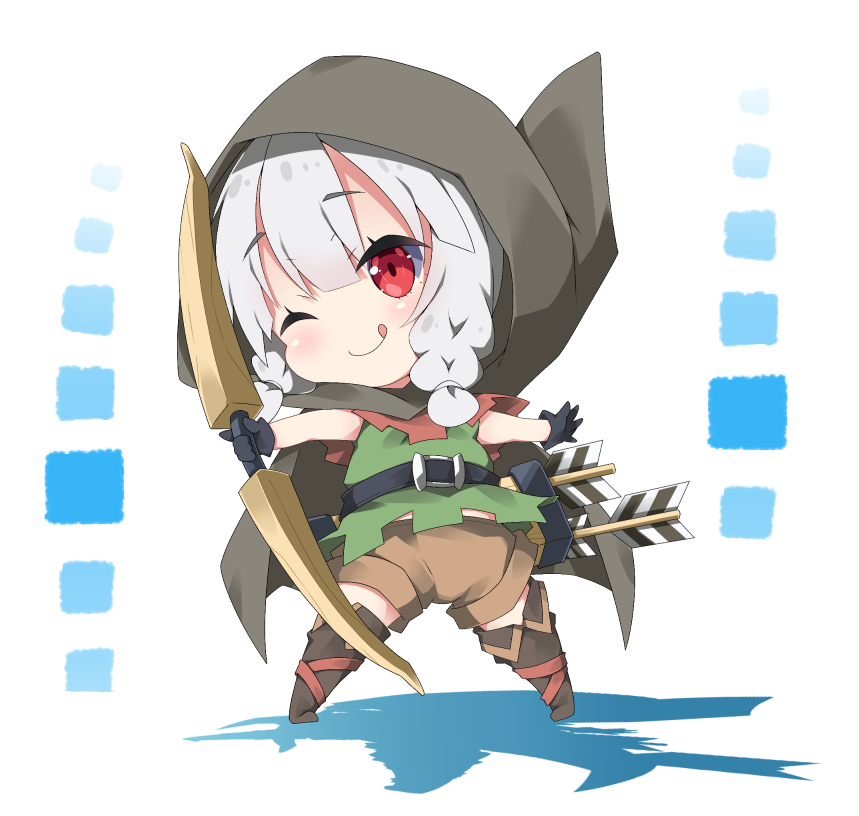 1girl ;q arrow bangs black_gloves blush boots bow_(weapon) braid brown_cape brown_footwear brown_shorts cape closed_mouth commentary_request dragon's_crown elf elf_(dragon's_crown) eyebrows_visible_through_hair gloves green_shirt hair_between_eyes head_tilt holding holding_bow_(weapon) holding_weapon hood hood_up hooded_cape knee_boots low_twintails milkpanda one_eye_closed pointy_ears quiver red_eyes shirt short_shorts shorts silver_hair sleeveless sleeveless_shirt smile solo standing tongue tongue_out twin_braids twintails weapon