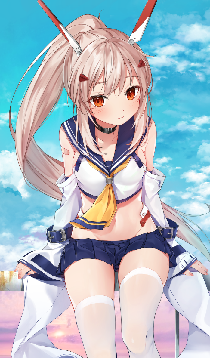 1girl arms_at_sides ayanami_(azur_lane) azur_lane bandaid bandaid_on_arm bangs belt belt_buckle black_choker blonde_hair blue_belt blue_sailor_collar blue_skirt blue_sky blush breasts buckle choker closed_mouth clouds cloudy_sky collarbone crop_top day detached_sleeves eyebrows eyebrows_visible_through_hair eyelashes facing_viewer feet_out_of_frame fingernails gluteal_fold groin hair_between_eyes hair_ornament headgear high_ponytail horizontal-striped_panties horizontal_stripes komazuki_(komaworks240) leaning leaning_forward legs_apart long_hair long_sleeves looking_at_viewer lowleg lowleg_skirt microskirt miniskirt navel neckerchief orange_eyes outdoors panties pantyshot pantyshot_(sitting) platinum_blonde pleated_skirt railing remodel_(azur_lane) sailor_collar school_uniform serafuku shirt sidelocks sitting sitting_on_railing skirt sky sleeveless sleeveless_shirt sleeves_past_wrists small_breasts solo stomach straight_hair striped striped_panties thigh-highs underwear very_long_hair white_legwear white_shirt wide_sleeves yellow_neckwear zettai_ryouiki