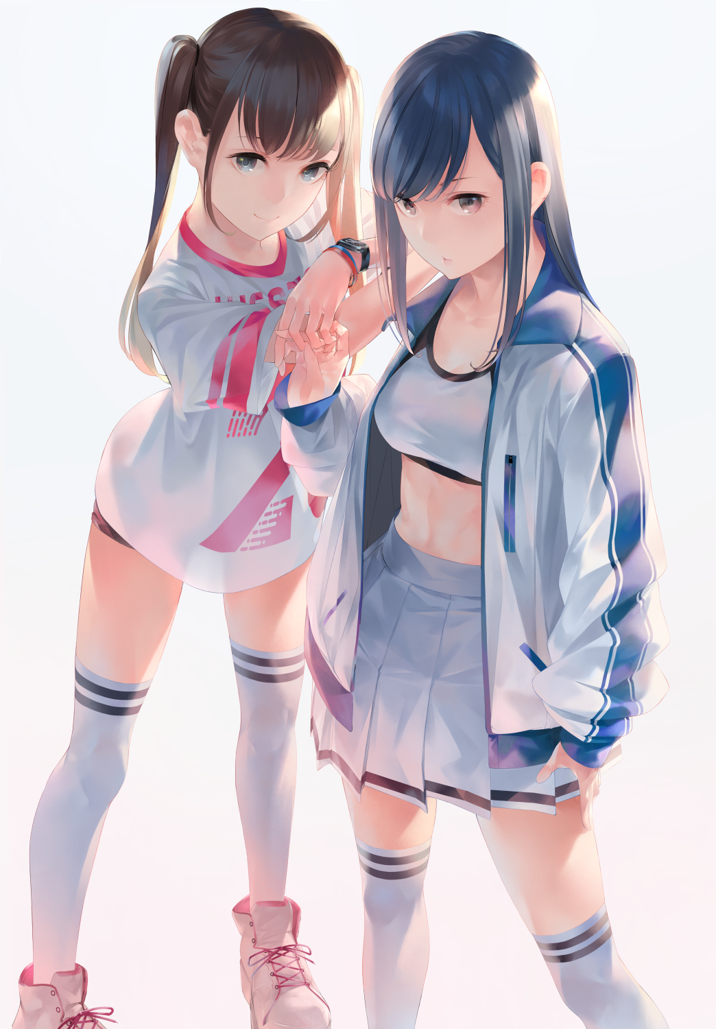 2girls :o blue_eyes blue_hair bra breasts brown_eyes brown_hair buruma closed_mouth clothes_writing commentary downscaled grey_background grey_skirt highres holding_hand interlocked_fingers jacket long_sleeves looking_at_viewer md5_mismatch medium_breasts multiple_girls open_clothes open_jacket original pleated_skirt red_footwear resized see-through_silhouette shoes simple_background skirt smile sousou_(sousouworks) thigh-highs twintails underwear watch watch white_bra white_legwear wristband