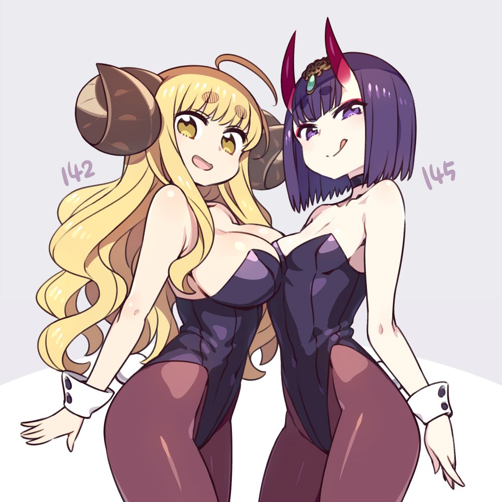 2girls :d :q ahoge anila_(granblue_fantasy) arm_at_side asymmetrical_docking blonde_hair breast_press breasts brown_legwear chan_co choker contrapposto covered_navel cowboy_shot crossover draph eyebrows_visible_through_hair eyeliner fate/grand_order fate_(series) from_side granblue_fantasy hikimayu horns large_breasts leotard long_hair looking_at_viewer makeup multiple_girls open_mouth pantyhose purple_hair short_hair shuten_douji_(fate/grand_order) sidelocks simple_background small_breasts smile tongue tongue_out violet_eyes wrist_cuffs yellow_eyes