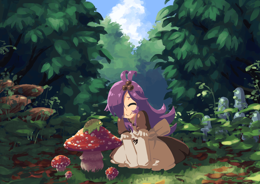 1girl ^_^ ahoge animated animated_gif apron artist_name closed_eyes dress forest hair_ornament hair_over_one_eye john_su mushroom nature original purple_hair seiza sitting sky sleeves_past_wrists smile solo swaying toad_(animal)