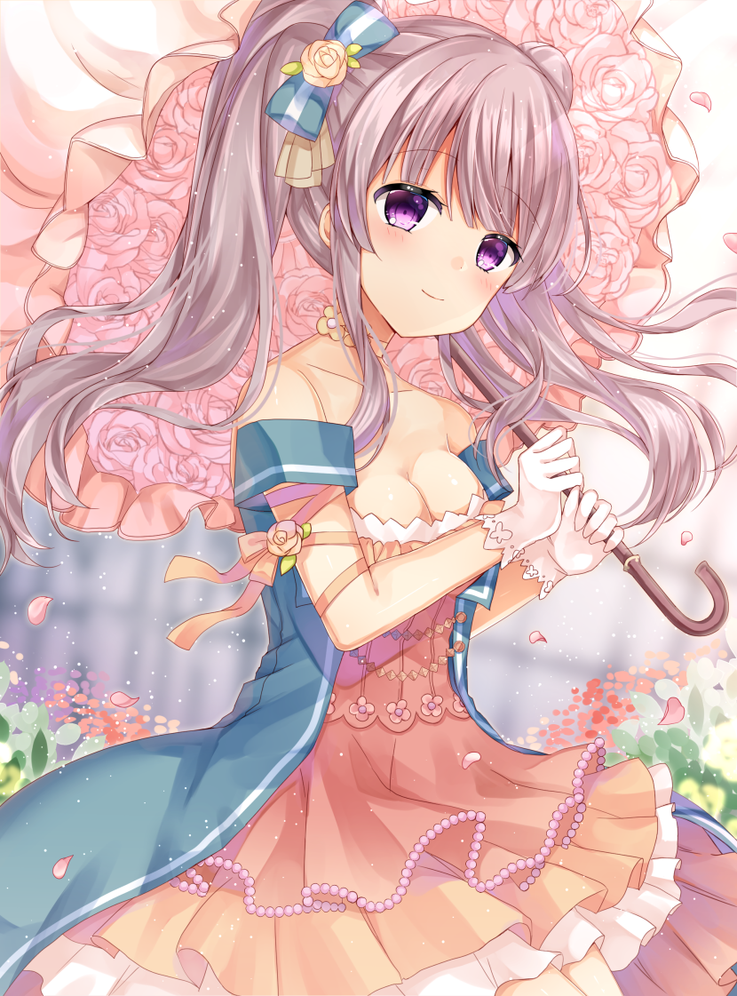 1girl bare_shoulders blue_bow blue_dress blurry blurry_background bow breasts brown_dress brown_hair cleavage closed_mouth collarbone commentary_request depth_of_field dress flower gloves hair_bow head_tilt holding holding_umbrella idolmaster idolmaster_shiny_colors layered_dress long_hair looking_at_viewer medium_breasts petals pink_flower pink_rose rose shikino_(sikinonono) sidelocks smile solo strapless strapless_dress striped striped_bow twintails umbrella very_long_hair violet_eyes white_gloves white_umbrella yuukoku_kiriko
