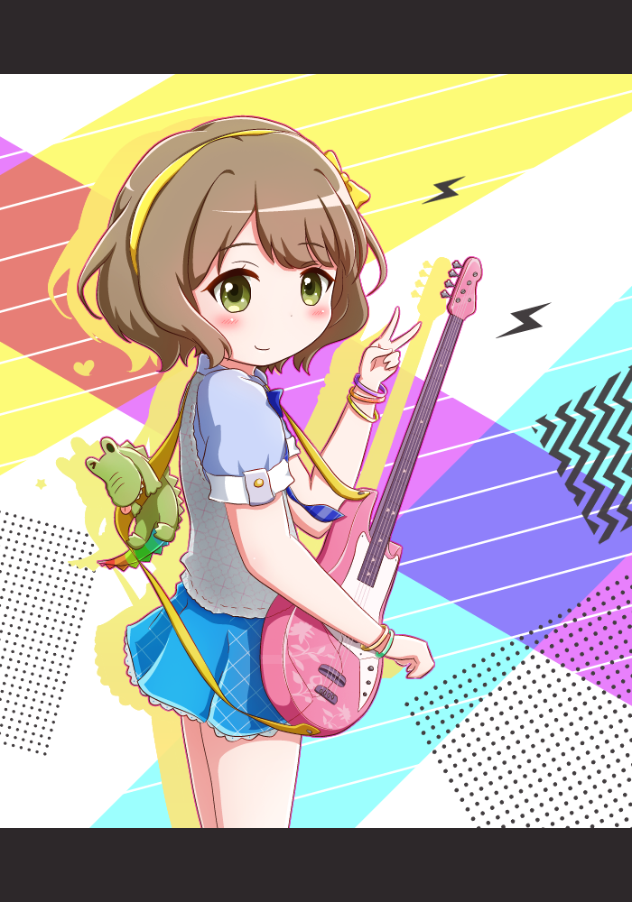 1girl bangs blue_bow blue_shirt blue_skirt blush bow brown_hair closed_mouth commentary_request cowboy_shot electric_guitar eyebrows_visible_through_hair goth_risuto green_eyes guitar hair_bow hand_up heart holding holding_instrument instrument lightning_bolt looking_at_viewer looking_to_the_side pleated_skirt puffy_short_sleeves puffy_sleeves shirt short_hair short_sleeves skirt smile solo tokyo_7th_sisters v vest wanibuchi_emoko white_vest yellow_bow yellow_hairband
