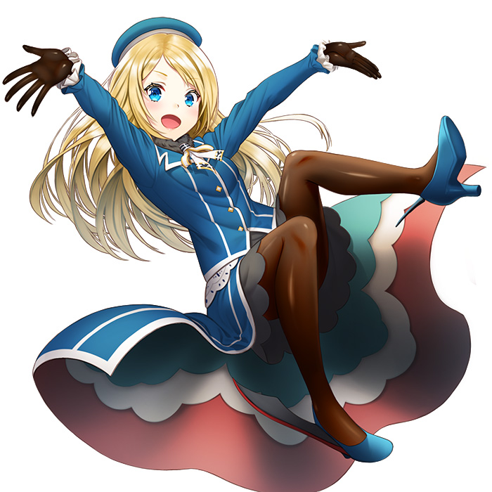 1girl :d arms_up atago_(kantai_collection) atago_(kantai_collection)_(cosplay) beret black_gloves blonde_hair blue_eyes blue_footwear blush brown_legwear commentary_request cosplay frilled_sleeves frills full_body gloves hat high_heels jervis_(kantai_collection) kantai_collection kyon_(fuuran) long_hair long_sleeves looking_at_viewer military military_uniform open_mouth outstretched_arms pantyhose simple_background smile solo uniform white_background