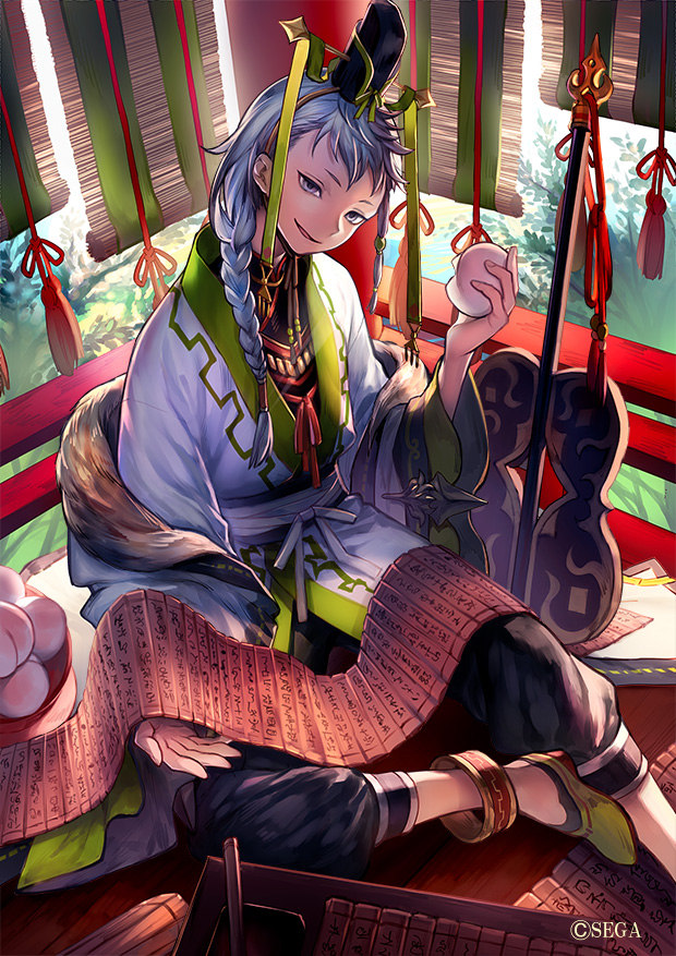 1boy black_pants braid commentary_request copyright_request green_footwear hair_over_shoulder head_tilt holding japanese_clothes looking_at_viewer male_focus official_art pants parted_lips purple_hair sash scroll shoes single_braid sitting smile solo tassel violet_eyes watermark yamakawa