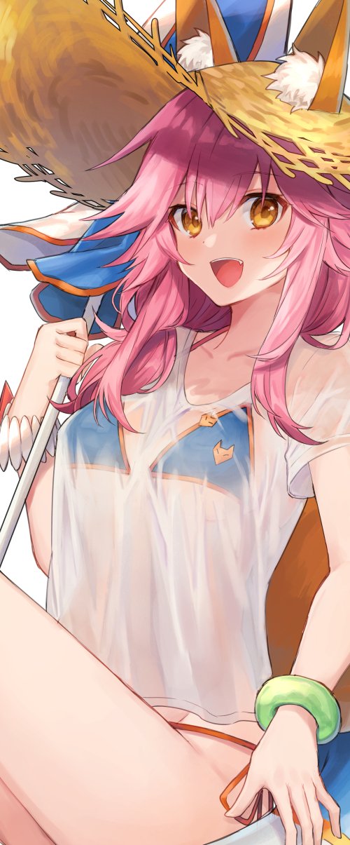 .com_(cu_105) 1girl animal_ears blush breasts fate/grand_order fate_(series) fox_ears fox_tail groin hat highres medium_breasts pink_hair shirt side-tie_bottom smile solo straw_hat swimsuit swimsuit_under_clothes t-shirt tail tamamo_(fate)_(all) tamamo_no_mae_(swimsuit_lancer)_(fate) thigh-highs wet wet_clothes wet_shirt white_background yellow_eyes