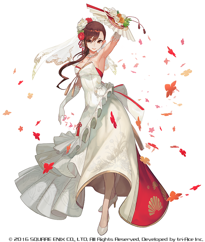 1girl armpits breasts brown_hair closed_mouth commentary_request dress elbow_gloves fan flower folding_fan full_body gloves hair_flower hair_ornament high_heels lack large_breasts long_hair looking_at_viewer official_art red_flower red_rose rose saionji_reimi simple_background smile solo standing star_ocean watermark wedding_dress white_background white_dress white_flower white_footwear white_gloves white_rose