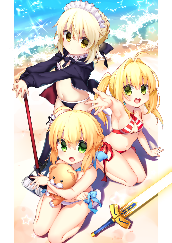 3girls ahoge artoria_pendragon_(all) artoria_pendragon_(swimsuit_archer) artoria_pendragon_(swimsuit_rider_alter) bangs bare_arms bare_legs bare_shoulders barefoot beach bikini black_bikini black_bow black_jacket blonde_hair blue_bow blush bow braid breasts chihiro_(khorosho) closed_mouth collarbone commentary_request day excalibur eyebrows_visible_through_hair fate/grand_order fate_(series) green_eyes hair_between_eyes hair_bow hair_intakes hood hood_down hooded_jacket jacket long_hair looking_at_viewer maid_headdress medium_breasts mop multiple_girls nero_claudius_(fate)_(all) nero_claudius_(swimsuit_caster)_(fate) open_clothes open_jacket outdoors outstretched_arm pixiv_fate/grand_order_contest_2 saber saber_alter saber_extra sand sandals seiza shoe_soles sidelocks sitting standing striped striped_bikini stuffed_animal stuffed_lion stuffed_toy swimsuit twintails water white_bikini white_footwear