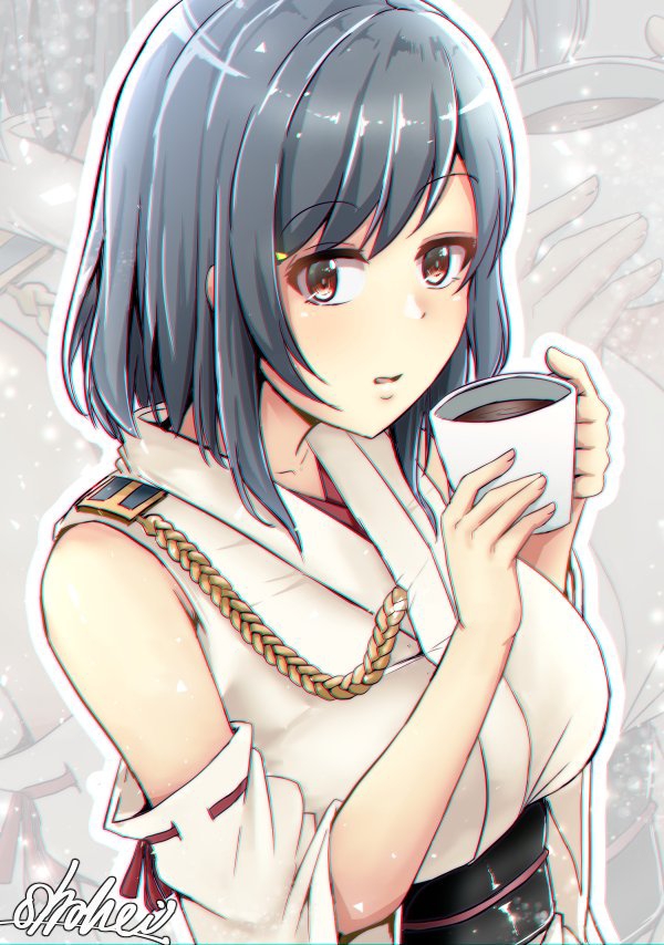 1girl black_hair breasts coffee coffee_cup commentary_request cup detached_sleeves disposable_cup holding holding_cup kantai_collection large_breasts looking_at_viewer nontraditional_miko red_eyes shohei_(piranha5hk) short_hair signature solo yamashiro_(kantai_collection)