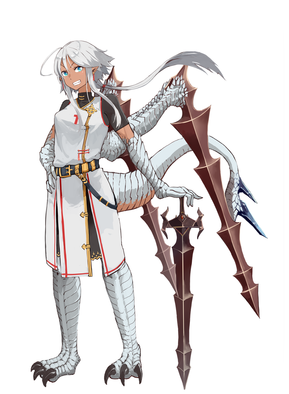 1girl airu_zweihander bangs belt blue_eyes claws dragon_girl dragon_tail floating_hair full_body grey_hair grin hand_on_hilt highres hitokuirou holding holding_sword holding_weapon long_hair looking_at_viewer original pointy_ears robe short_sleeves simple_background smile solo standing sword tail weapon white_background wings