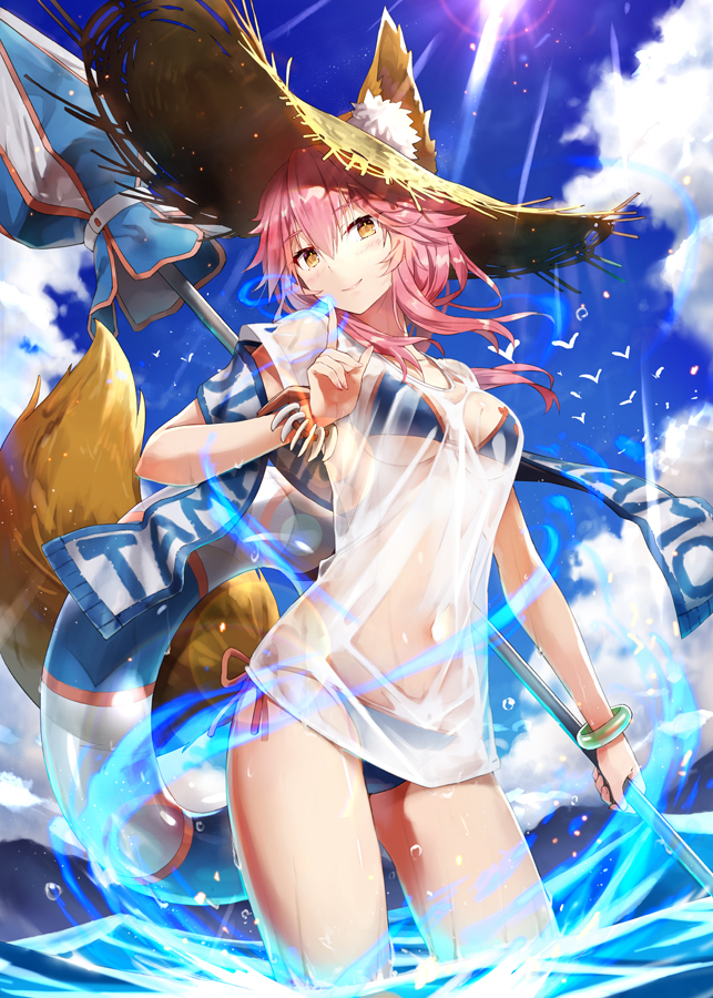 1girl animal animal_ears bangs bikini bikini_under_clothes bird blue_bikini blue_sky blush bracelet breasts character_name closed_mouth clouds commentary_request covered_navel day ears_through_headwear eyebrows_visible_through_hair fate/grand_order fate_(series) finger_to_mouth fox_ears fox_tail gabiran hair_between_eyes hat head_tilt holding innertube jewelry long_hair looking_at_viewer medium_breasts outdoors parasol pink_hair pixiv_fate/grand_order_contest_2 see-through shirt side-tie_bikini side-tie_bottom sky smile standing straw_hat sunlight swimsuit tail tamamo_(fate)_(all) tamamo_no_mae_(fate) tamamo_no_mae_(swimsuit_lancer)_(fate) umbrella wading water wet wet_clothes wet_shirt white_shirt wind yellow_eyes