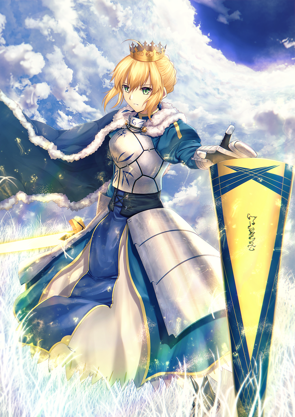1girl ahoge armor armored_dress artoria_pendragon_(all) avalon_(fate/stay_night) blonde_hair blue_cape braid breastplate cape closed_mouth crown dress expressionless fal fate/grand_order fate/stay_night fate_(series) french_braid gauntlets gloves green_eyes highres looking_at_viewer pixiv_fate/grand_order_contest_2 saber short_hair solo