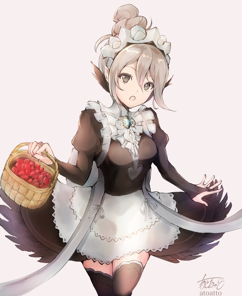 1girl atoatto basket commentary_request cosplay felicia_(fire_emblem_if) felicia_(fire_emblem_if)_(cosplay) fire_emblem fire_emblem_heroes fire_emblem_if food fruit gem grey_eyes hair_bun holding holding_basket juliet_sleeves kanna_(female)_(fire_emblem_if) kanna_(fire_emblem_if) long_sleeves maid maid_headdress open_mouth pointy_ears puffy_sleeves ribbon signature silver_hair simple_background solo strawberry thigh-highs white_ribbon zettai_ryouiki