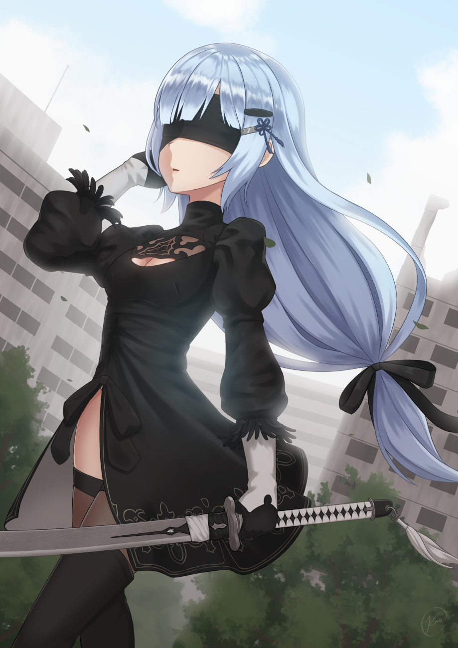 black_blindfold black_bow black_dress black_ribbon blindfold blue_hair boots bow breasts building cityscape cleavage_cutout commentary day dress feather-trimmed_sleeves gloves hair_ornament hair_ribbon hand_in_hair high_heel_boots high_heels highres holding holding_sword holding_weapon idolmaster idolmaster_million_live! juliet_sleeves katana kurisu-kun leather leather_boots long_hair long_sleeves low-tied_long_hair medium_breasts nier_(series) nier_automata puffy_sleeves ribbon shiraishi_tsumugi sky sword thigh-highs thigh_boots thighhighs_under_boots tree vambraces walking weapon yorha_no._2_type_b